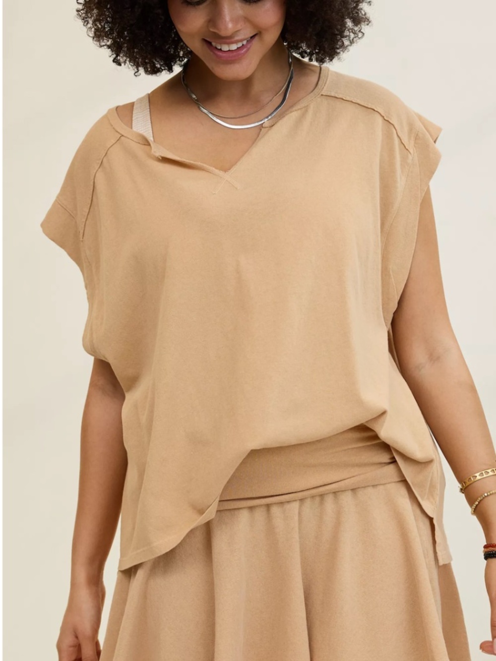 Aerie - Summer Breeze Notch Neck Tan Short Sleeve Oversized Tee T-Shirt - XXL